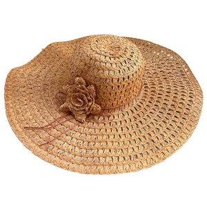 August Hats Tan Woven Floppy Sun Hat Floral Accent Large Brim